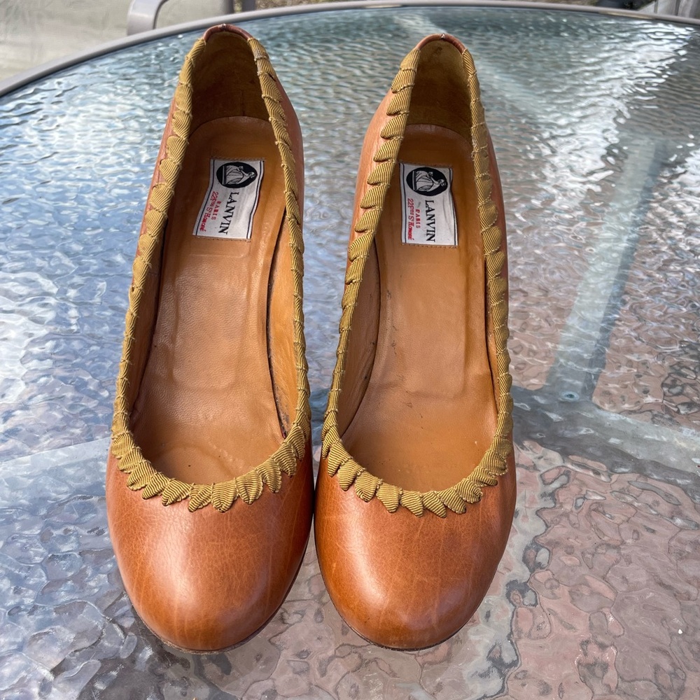 Lanvin Brown Grosgrain Stitched Leather Wedge Pump Size 38 - Picture 5 of 15